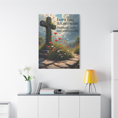 Faith Like Wildflowers Canvas Wall Art – Rustic Christian Decor, Wildflower Cross Artwork, Frameless Print